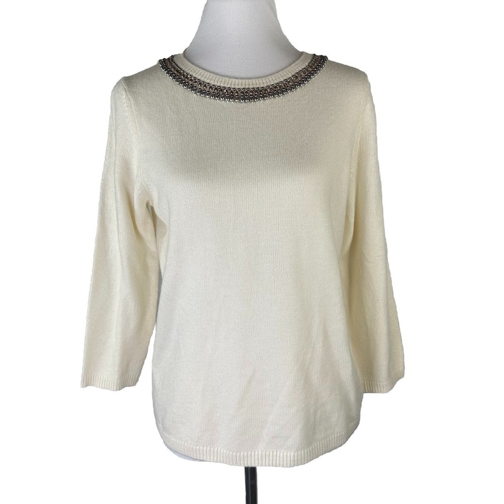 Talbots Pullover Beaded Neck Sweater Wool Cashmere 3/4 Sleeve Ivory Large Petite